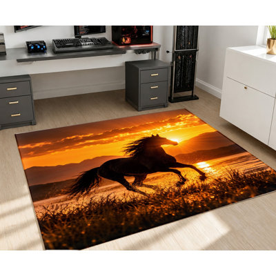 Tapis lavable à la machine avec motif de cheval courant au coucher du soleil sur la plage, dos antidérapant, motif ciel spectaculaire noir, décoration intérieure confortable pour salon, chambre, entrée, cuisine, balcon, appartement