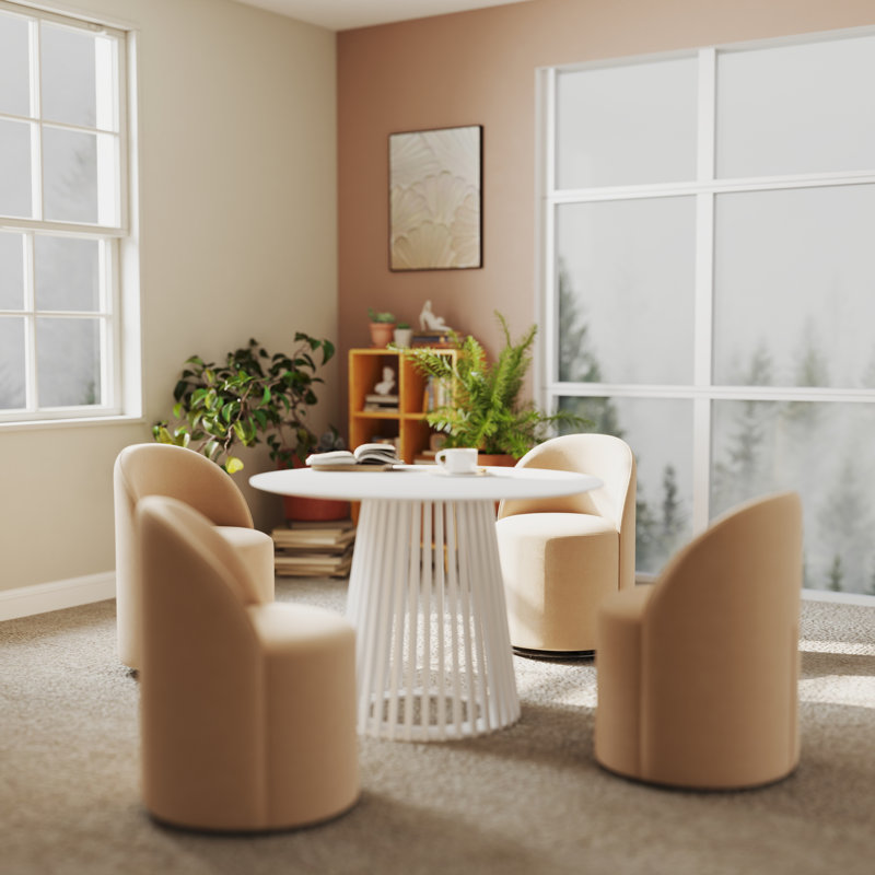 Modern Fashion Dining Table And Chairs Set, Upholstered Dining Chairs Set Of 4 And Round Solid Wood Dining Table, Khaki