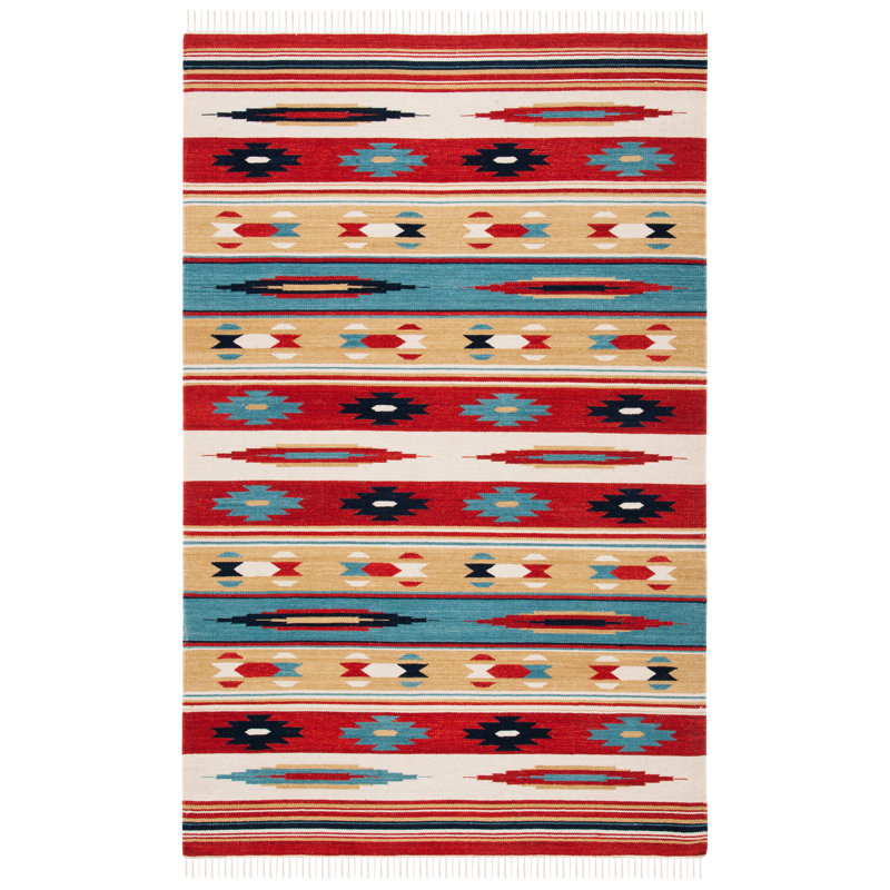 Eriksen Southwestern Flatweave Wool Cotton Beige/Red/Blue Area Rug, Rectangle 4' x 6'