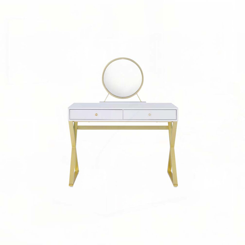 Bureau de coiffeuse rectangulaire avec miroir et plateau à bijoux, blanc et doré