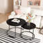 Ensemble de 2 tables basses gigognes rondes, tables de bout latérales empilables en grain de bois brun rustique avec structure en métal noir mat, table d'appoint emboîtable industrielle pour salon, petit appartement et condo-1507251492