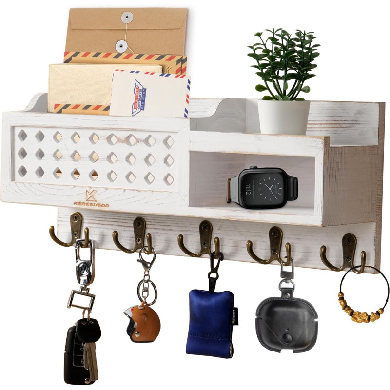Porte-clés et support mural - Organisateur de courrier mural avec crochets et boîte de rangement, Brun