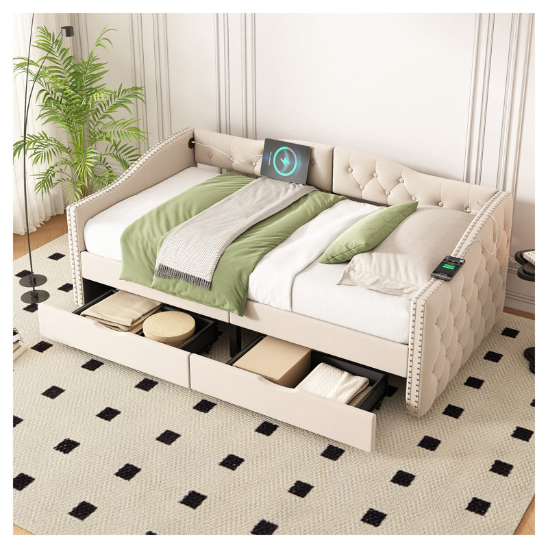 Lit de jour simple rembourré en velours beige avec tiroirs de rangement, lit d'invité de style Mid-Century pour chambre à coucher