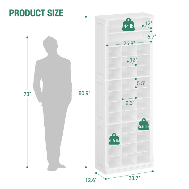 13 Tiers Shoe Storage Cabinet, Tall Shoe Cabinet with Cubby, Wooden Shoes Organizer for Closet, 39 Pairs, Shoes Cubby Organizer for Entryway, Hallway, Bedroom, White