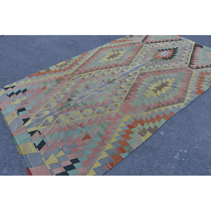 Tapis turc rétro Oushak avec motifs géométriques et matériaux organiques - jaune SN-6798