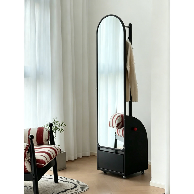 Contemporary Solid Wood Mobile Floor Mirror Coat Hanger With Multi Layer Storage Compartment