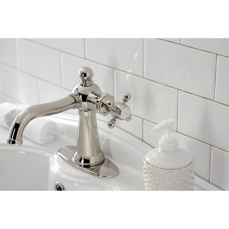 Kingston Brass Nautical Single-Handle 1-Hole Deck Mount Bathroom Faucet with Push Pop-Up and Deck Plate, Polished Nickel