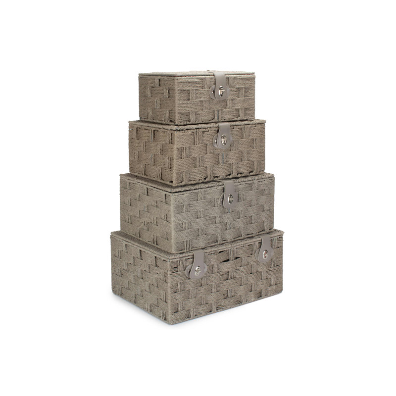 Paper Rope 4 Piece Lidded Storage Basket Set, Grey