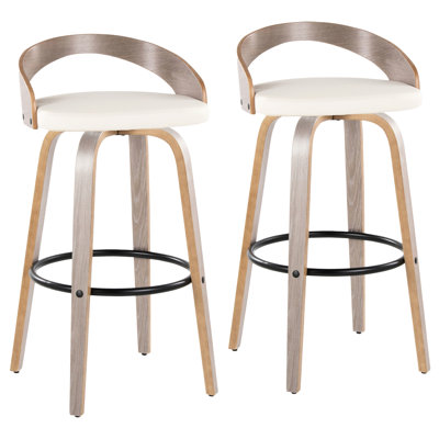 Pivotant contemporain en bois gris et similicuir blanc avec repose-pieds rond en métal noir - de 2, hauteur fixe, utilisation intérieure seulement 2 avec repose-pieds, barre