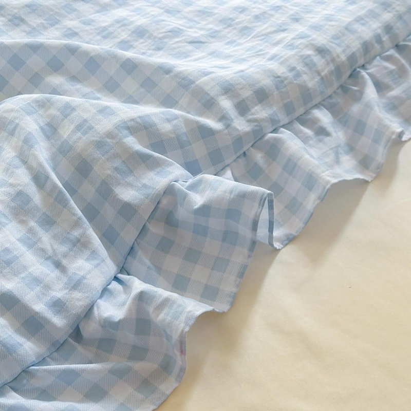 Ensemble d'édredon à volants en microfibre Gingham, Vichy bleu clair, Grand lit