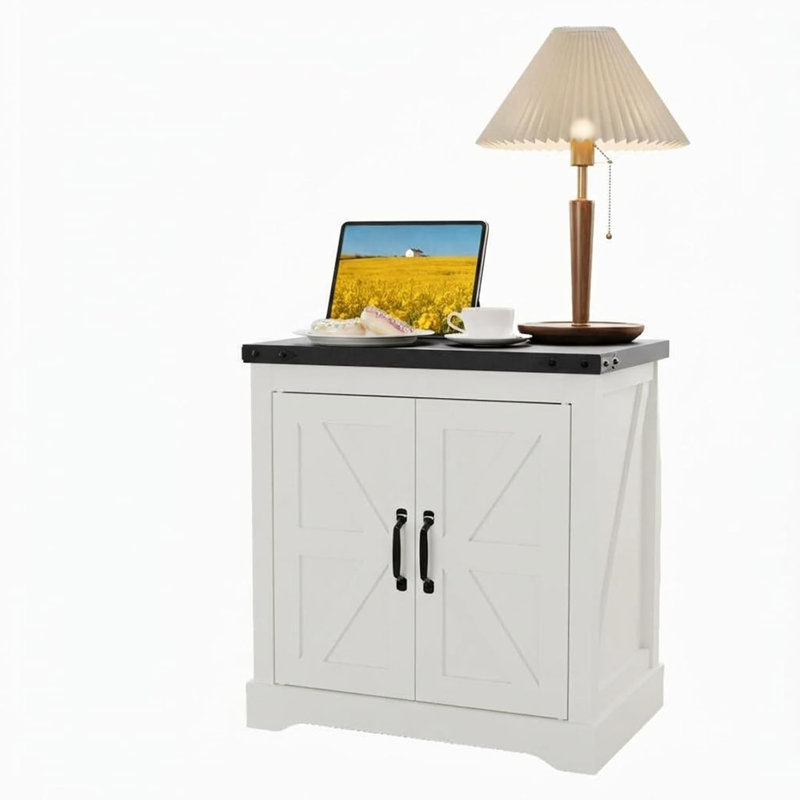 Table de chevet Farmhouse avec station de charge USB, 2 prises et port USB - Table de chevet à porte de grange coulissante avec armoire de rangement, table de chevet blanche pour chambre