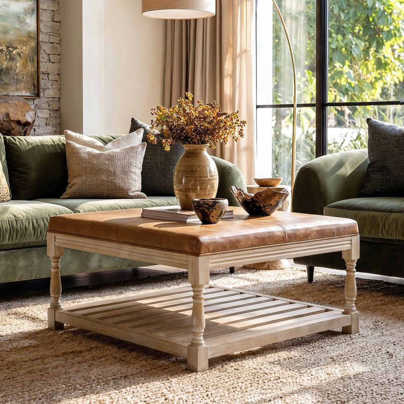 32.1'' W Round Upholstered Ottoman With Lower Storage Shelf And Tray-Friendly Top