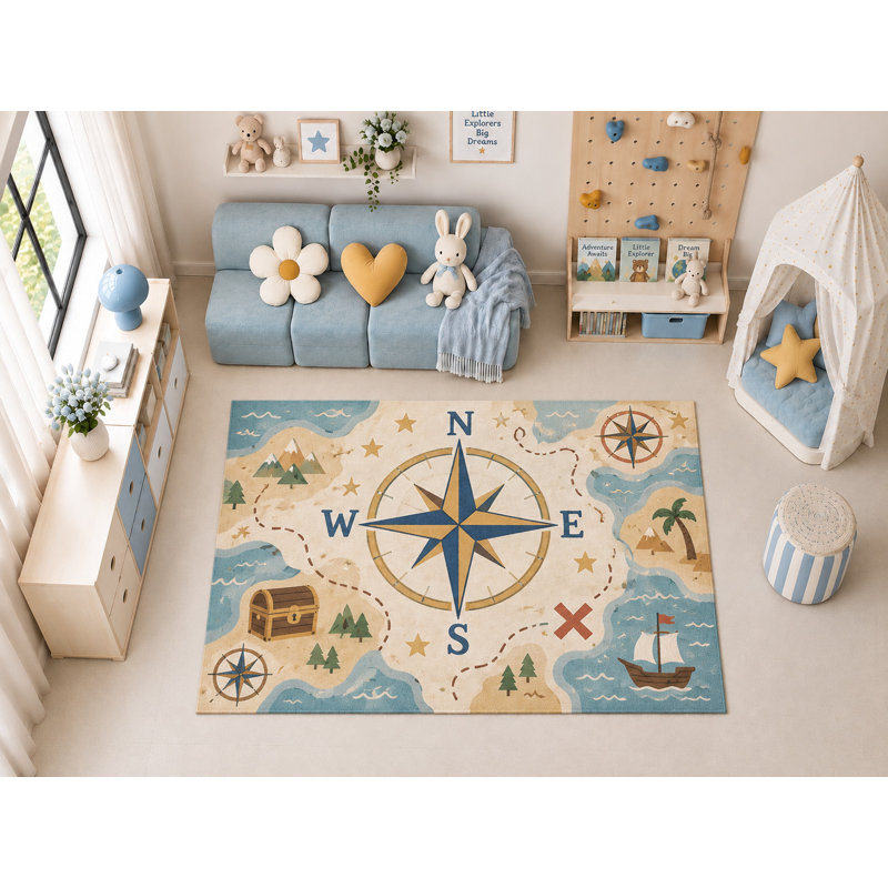 Tapis d'intérieur ultramince 152 x 213 cm (5' x 7') motif carte au trésor et boussole, idéal pour la chambre d'enfant, la garderie, la salle de classe et la salle de jeux. Doux et à poils courts, avec revêtement antidérapant en silicone.