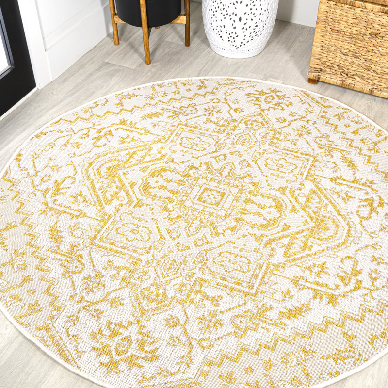 Tapis intérieur / extérieur crème / jaune Truman Bohemian Medallion, Rond 5 pi 3 po