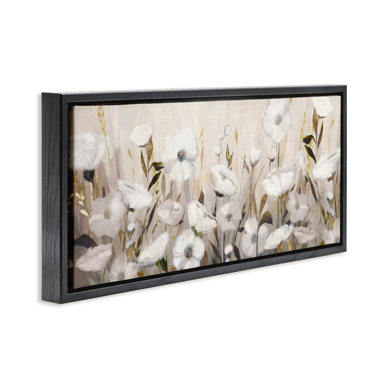 Cadre flottant Whispers Of Gold Flowers, design par Hannah Dawson, H 11 po x l 25 po, Cadre flottant noir de jais