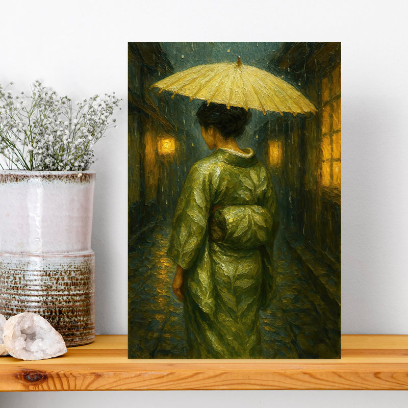 Geisha japonaise avec parapluie dans la soirée, art mural contemporain, H 18 po x l 12 po