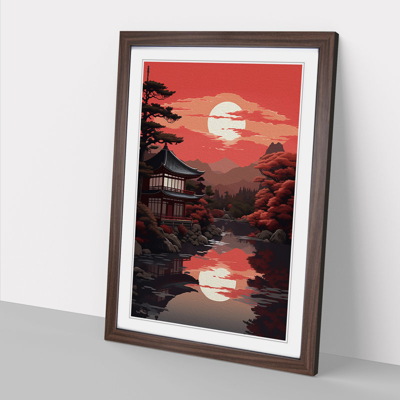 Japanese Sunset Classicism - Single Picture Frame Print on Wood, Walnut Framed, 34cm H x 25cm W x 2cm D