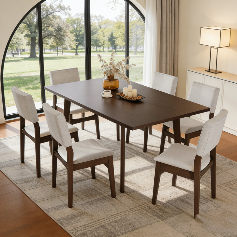 Ensemble de salle à manger moderne - table rectangulaire en bois massif et chaises en lin rembourrées, 7, Noyer foncé