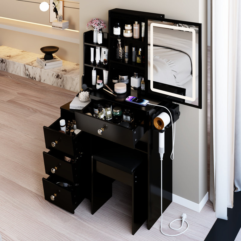 Petite table de chevet gauche avec tabouret rembourré, configuration à 2 + 2 alimentations, grand miroir à DEL tactile, alternance de trois couleurs et réglage de la luminosité, idéal pour les chambres à coucher restreintes 29,2 po
