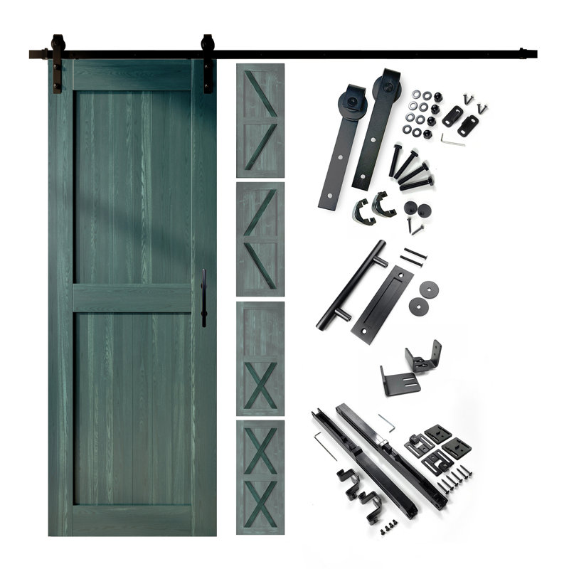 Porte en bois de pin massif 5-en-1 de conception 80 po avec quincaillerie d'installation rustique noire 5 en 1, Pin royal