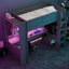 Lit mezzanine simple en bois avec bureau, tablettes multiples, DEL, unités de rangement multiples gris foncé, Hub