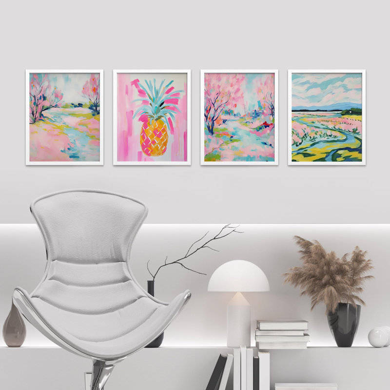«Vibrant Landscape And Pineapple Colorful», impression sur papier encadrée de 4 pièces, Blanc, H 10 po x l 8 po