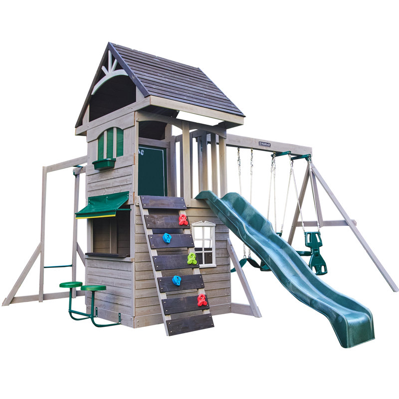 River Canyon Wooden Swing Set with Slide, Café Area and Monkey Bars - Pearl