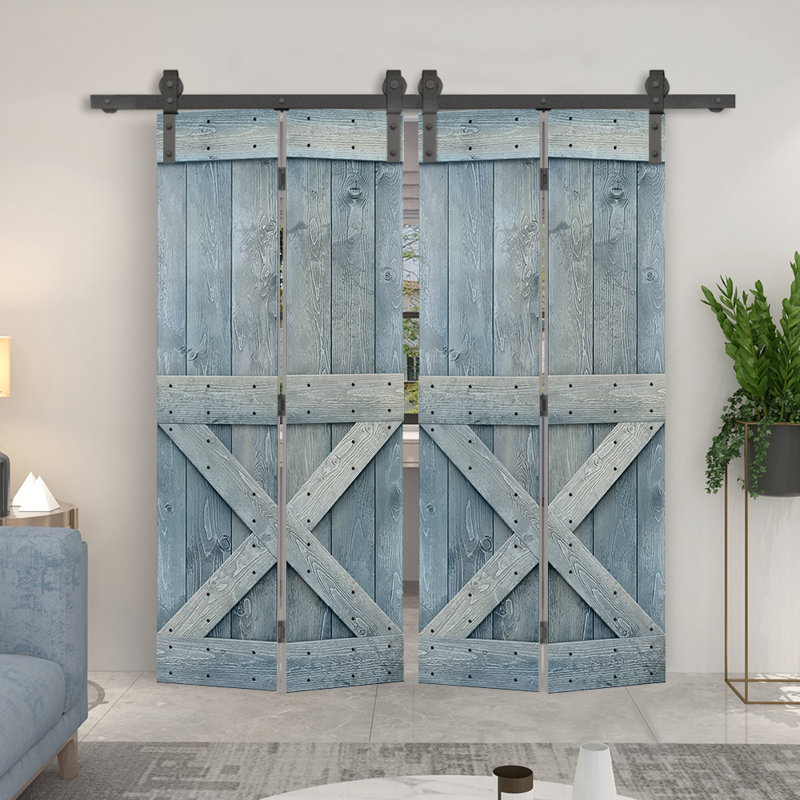 Porte de grange en bois 84 pliable avec trousse de quincaillerie d'installation, Bleu denim, 52 po x 84 po