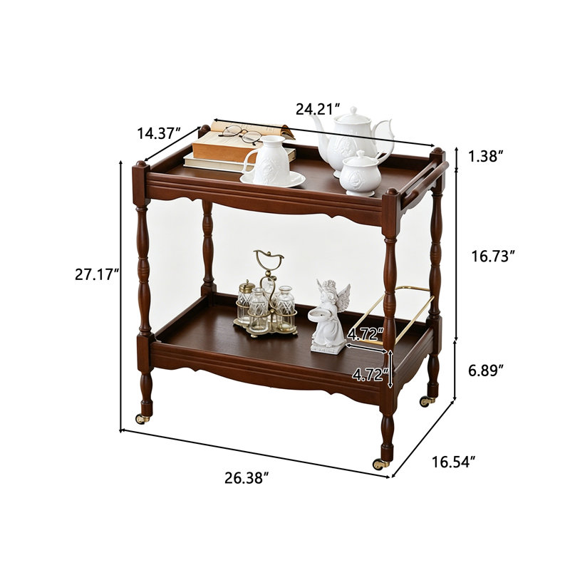 Chariot de service mobile à deux niveaux en bois massif brun vintage de 67 cm (26,38 po)