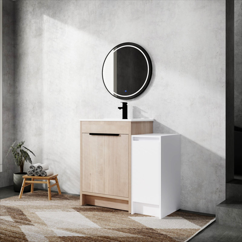 Meuble-lavabo autoportant avec lavabo en céramique et armoires de rangement, Blanc brillant / chêne clair clair, Blanc