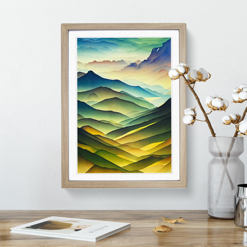 Watercolour Meadow Landscape No.2 - Wall Art, 66cm H x 48cm W, Oak Framed Paper, White