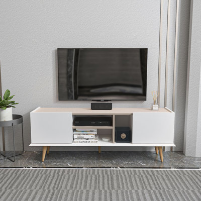 Meuble télé moderne avec 2 tablettes Bruce, blanc et beige, 60,8 x 22,3 x 12,3 pouces | 100% panneau de particules enduit de mélamine, épaisseur: 0,7 pouce | Conception scandinave pour un salon élégant et des espaces de divertissement