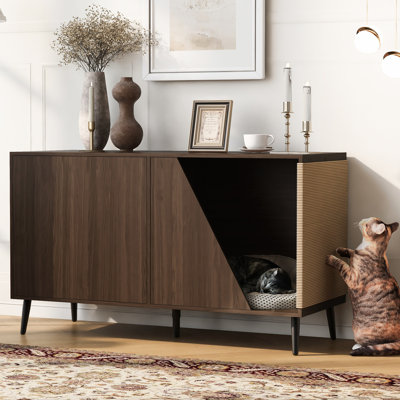 Furniture Style Cat House With Storage - Walnut Cabinet, Streamlined Cleaning Method, Functional Scratchers & Spring Door, Comfy Fashionable, 54.11In.D, 20.98In.W, 32.06In.H, 94.88Lb Wooden Quick And