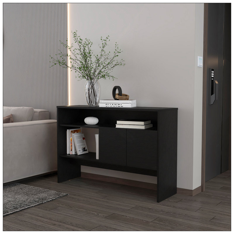 Console Bylas en mélamine avec deux portes et rangement ouvert, noir, Noir