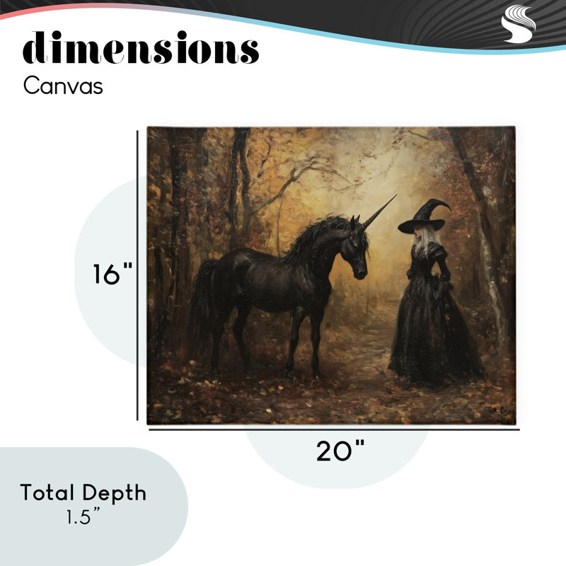 Sorcière et toile de licorne noire, design par Arlington Prints, H 16 po x l 20 po