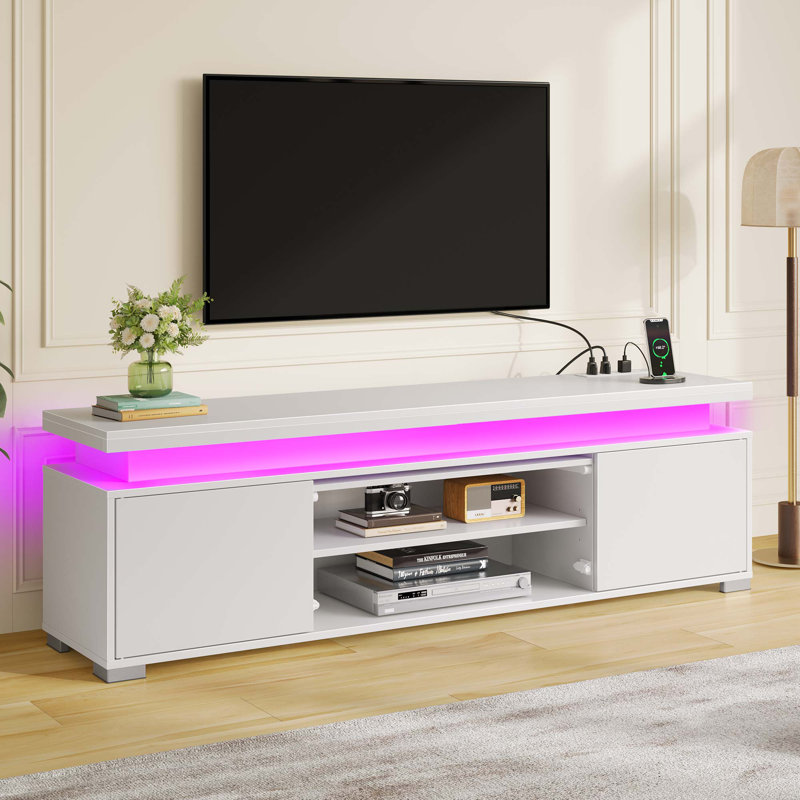 TV Stand for TVs up to 65", Entertainment Center with Storage, RGB LED Lights and 4 AC Outlets, White