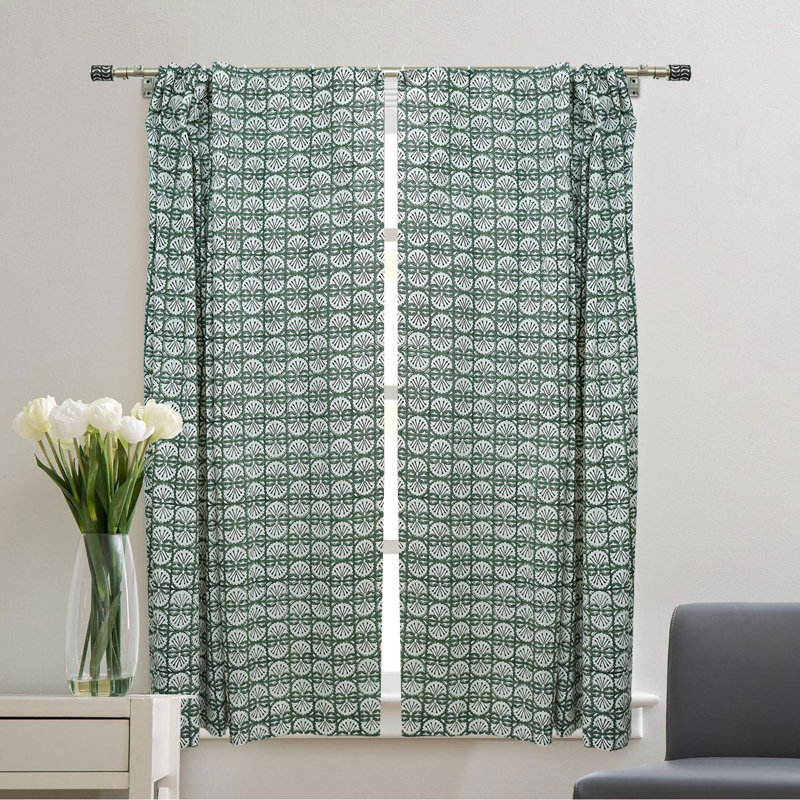 Classic Block Print Linen Curtain Artisanal Home Décor, Bejhni, Green, 54" W x 102" L
