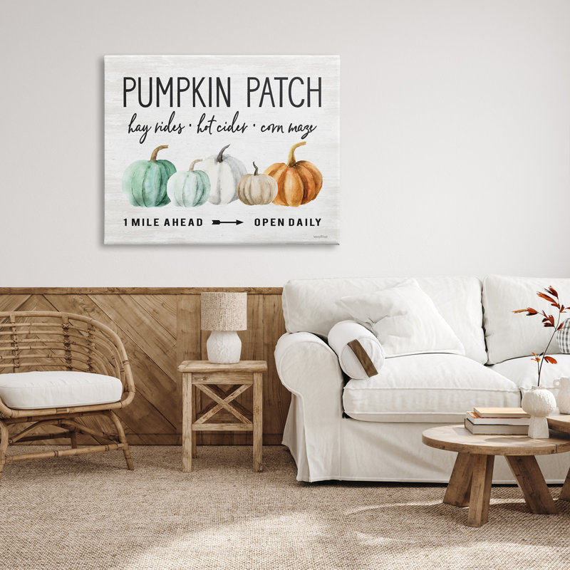 «Pumpkin Patch Farmhouse», automne, orange, gourdes vertes et surdimensionnées, art mural par lettres et lignes, Toile tendue