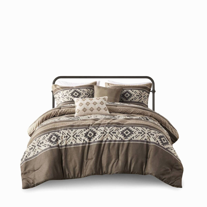 Ensemble de couette 5 pièces en polyester brodé et imprimé à rayures et chevrons brun, format King/Cal King