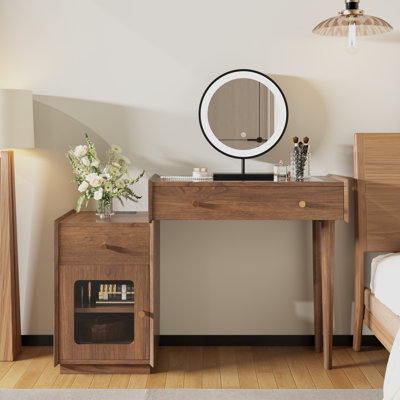 Retractable Walnut Makeup Vanity With Plug And Usb,Storage Dressing Table by Corrigan Studio