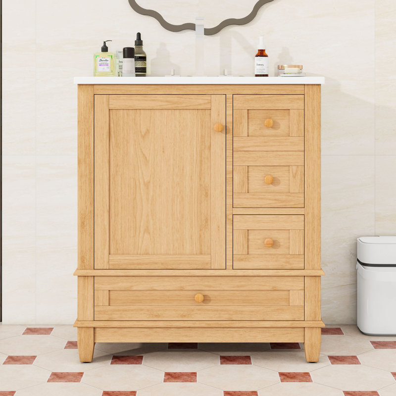 Meuble-lavabo de salle de bain avec lavabo en céramique, 3 tiroirs et portes à fermeture en douceur