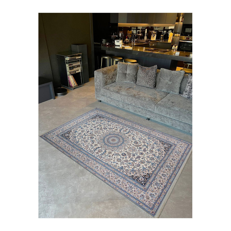 Tapis décoratif floral bleu traditionnel lavable à la machine, Tapis de couloir 2 pi 6 po x 6 pi 7 po inclus