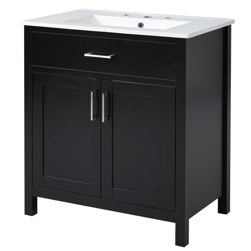Meuble-lavabo de salle de bain avec lavabo en céramique, 2 portes et 1 tiroir caché, Noir