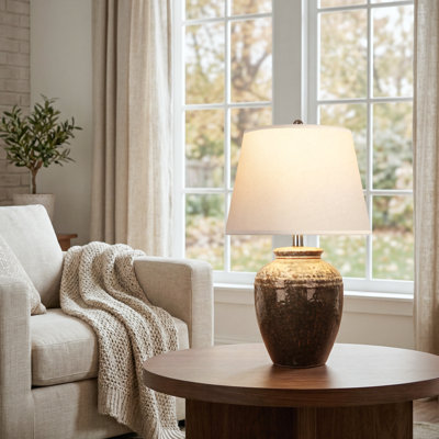 22in Rustic Ceramic Table Lamp With Linen Shade, Farmhouse Bedside Lamp For Living Room & Bedroom