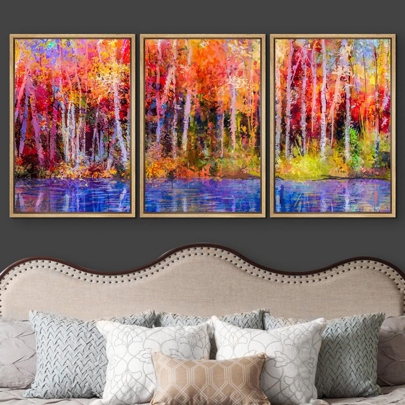 Abstract Forest " Colorful Autumn Trees. Semi Abstract Image Of Forest, Aspen Trees With Yellow " 3 - Pieces