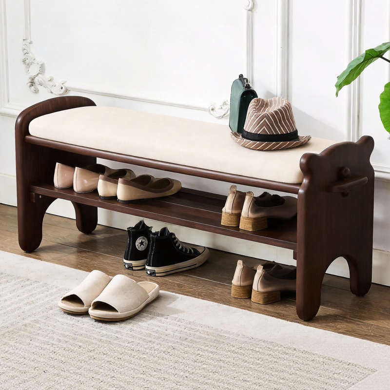 2 - Tier Wooden Entryway Bench With Faux Leather Cushion, 31.5'' Solid Wood For Hallway And Living Room Aesthetic Appeal Soft Fashion
