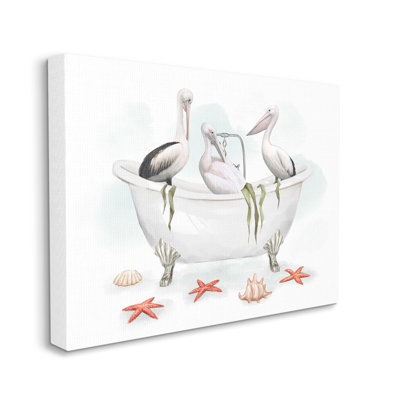 " White Crane Trio in Vintage Bath Nautical Birds " Graphic Art Print