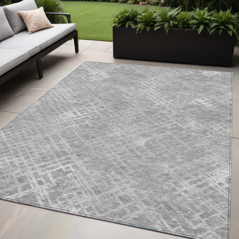 Tapis extérieur lavable à motif géométrique gris et argent 5 pi x 8 pi