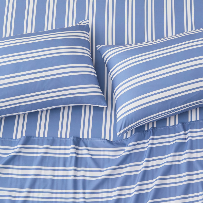 Digital Printed Patterned Fabric Pillowcases Set, Blue/White Striped, King Pillow Case