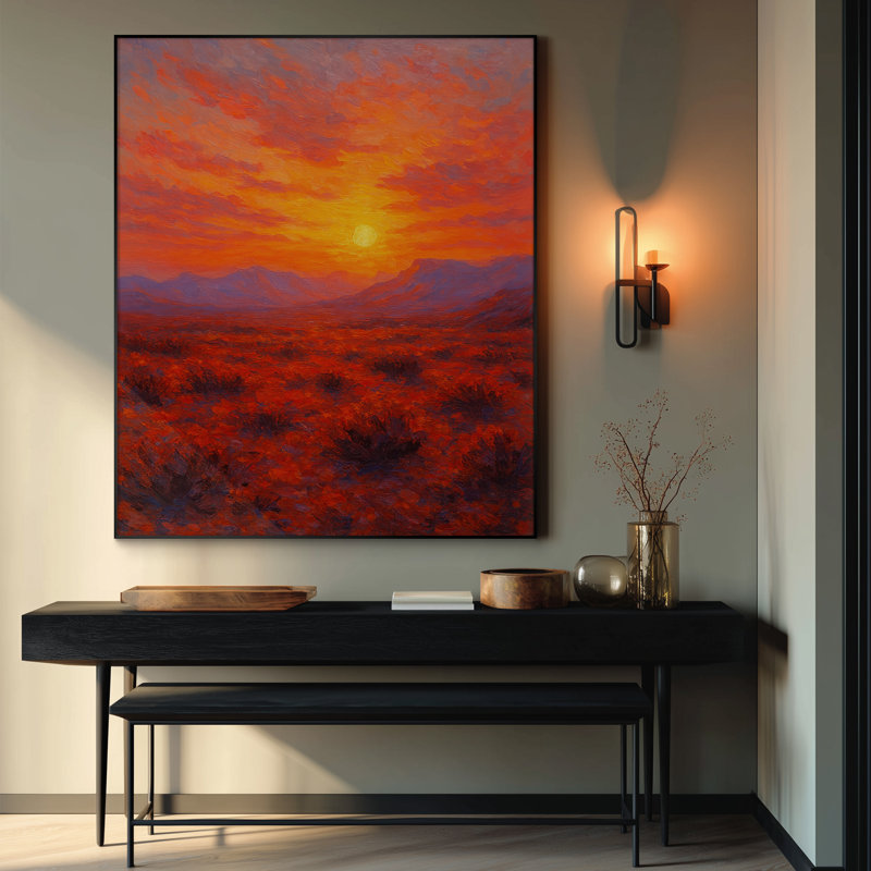 Très grande reproduction d'art sur toile - Coucher de soleil sur le désert rouge sur fond rouge et montagnes lointaines, décoration pour le salon ou la chambre à coucher